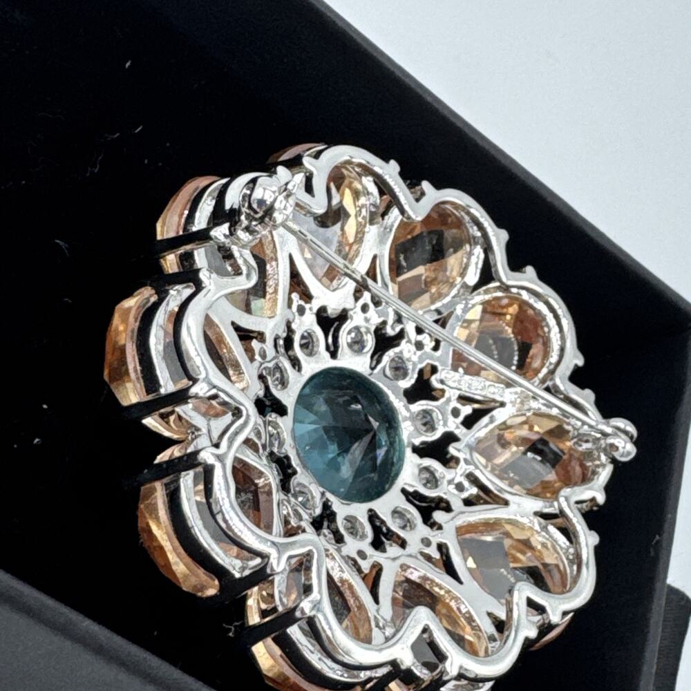 Vintage CWE Sterling Silver 925 Multi-Stone Brooch Pin Aqua Amber Blue CZ 2” - Picture 8 of 10